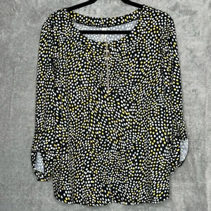 Perseption Concept XL Shirt Top Black Polka Dot 3/4 Sleeve Zip Round Neck Casual